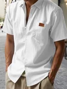 Men's Hawaiian Tropical Style Linen Casual Henley Neck Short Sleeve Shirt, Loose Fit Summer Blouse, Fitted Plain Design, Comfortable Wear