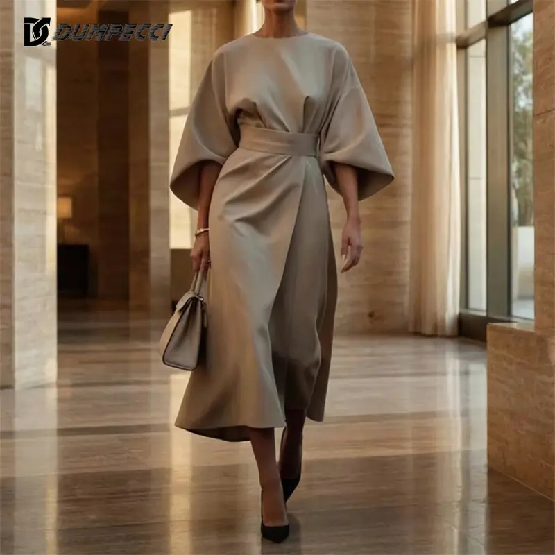 DC DUMPECCI Spring/Summer 2026 Collection Batwing Sleeve Dress with Defined Waist for Office Casual & Party Wear Elegant Solid Color Gown