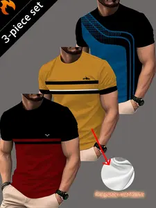 3pcs Pc (3pcs) Men's Quick-Dry T-Shirts - Moisture-Wicking Short Sleeve Round Neck Striped Athletic Tees Suitable for Summer Outdoor Sports, Running, Gym & Casual Wear, Machine Washable Polyester Tops