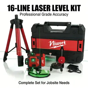 【FathersDayGift】Niuwork 16 Lines 4D Laser Level 360° Self-Leveling Green Beam | 25m Range ±0.2mm/m Accuracy | Professional Construction Floor Laser Level with Touch Screen & 4-Plane Locking | Total 2 Batteries Included Line Laser Level with Tripod