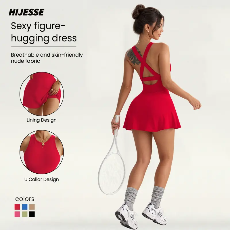 Hijesse Women's Cross Back Tennis Dress with Built-in Shorts, Sleeveless Athletic Dress with Stretch Fabric for Tennis, Golf, Yoga & Everyday Active Wear