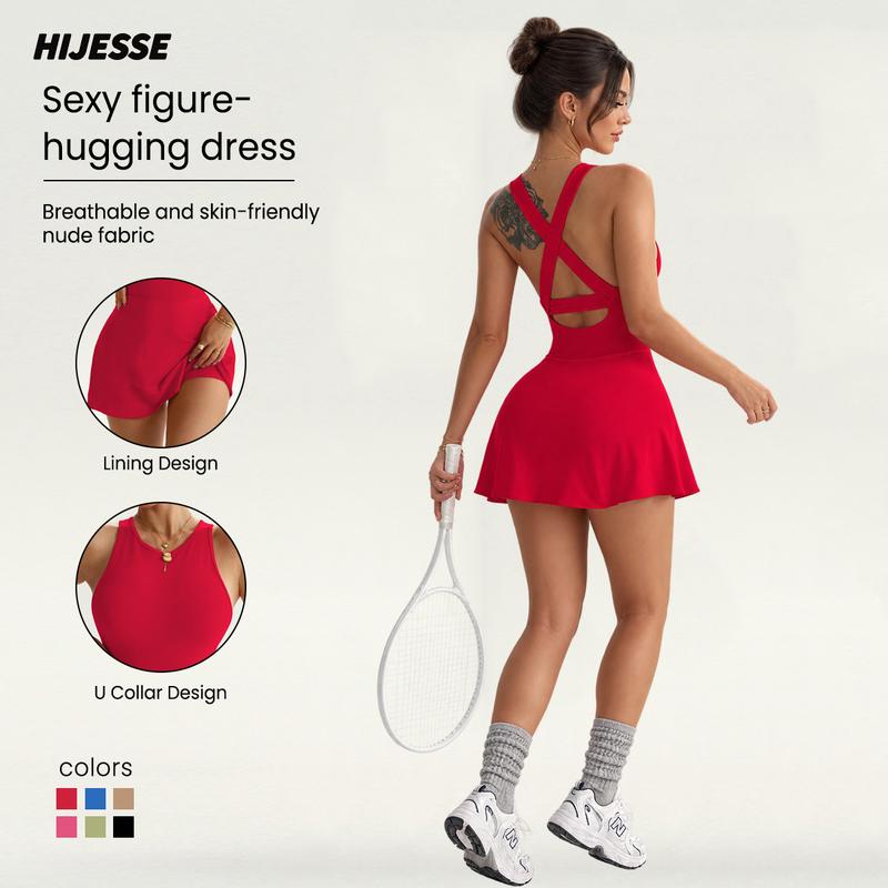 Hijesse Women's Cross Back Tennis Dress with Built-in Shorts, Sleeveless Athletic Dress with Stretch Fabric for Tennis, Golf, Yoga & Everyday Active Wear