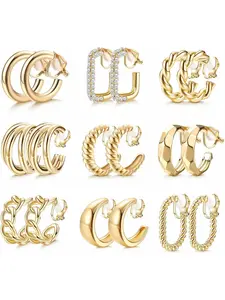 9 Pairs Clip on Earrings for Women 14K Gold Plated Chunky Hoop Clips Earring Trendy Clip on Hoop Earrings for Women Non-Pierced Fake Jewelry