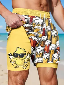 Men's Fun Duck and Palm Print 2-In-1 Compression Shorts, Quick-Dry Fitness Training Shorts, Funny Casual Running Shorts