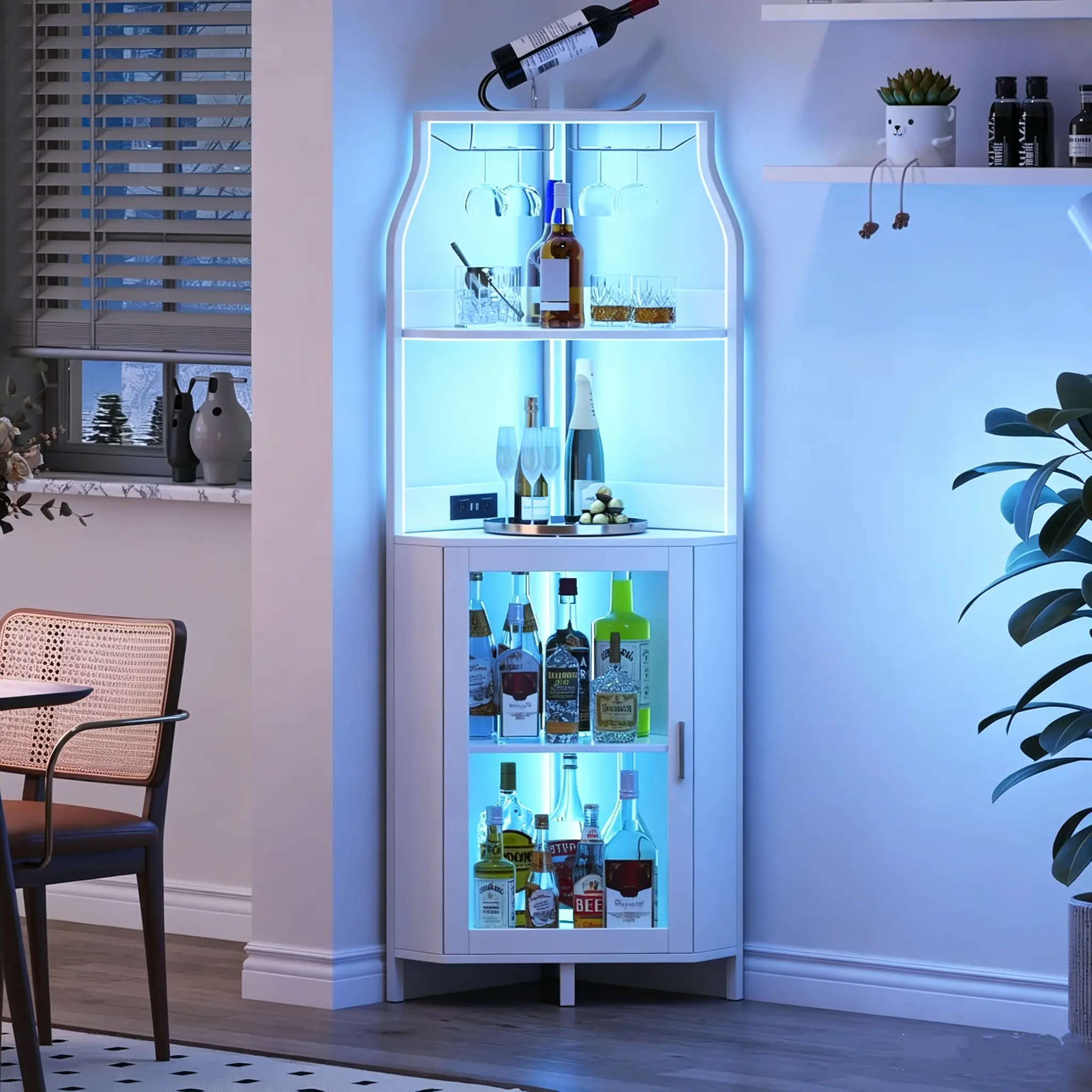 Corner Wine Rack with Glass Holder and Storage Shelves, 4 Tier Corner Bar Corner Wine Cabinet, Industrial Corner Wine Shelf for Living Room, Small Space