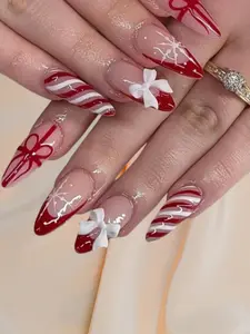 Press On False Nails, Red and White Christmas Candy Cane Festive Winter Set for Nail Art Decoration