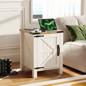 RedLemon 18" Rustic Nightstand with Charging Station – Barn Door Design, Compact Bedside/Side Table for Bedroom, Living Room or Study