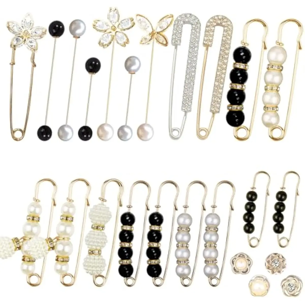 24 Pieces Pearl Crystal Brooch Safety Pins Button Pins Pant Waist Tightener Pins for Clothes Sweater Shawl Collar Dress Cardigan Shirt Jeans Decoration Accessories for Women Girls(Classic)