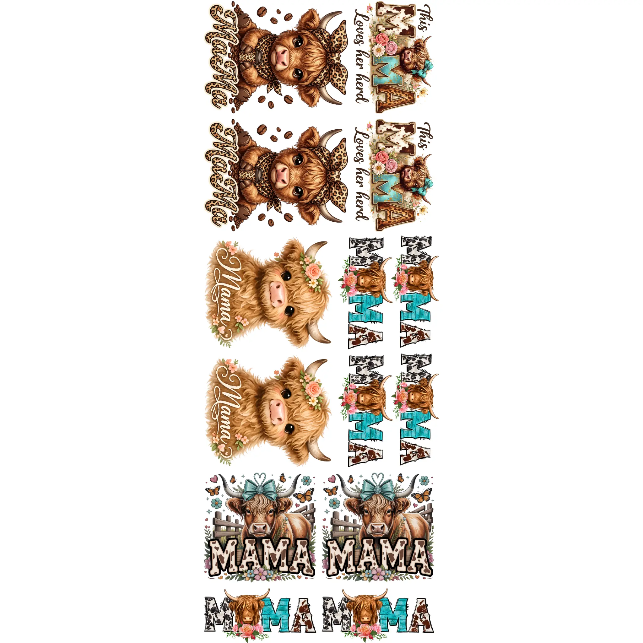 Highland Cow Mama Gangsheet DTF Heat Transfers - Hot Peel, Vibrant Cow Artwork Sheet for Small Businesses & Bulk Orders