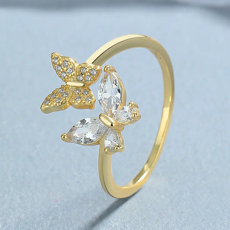 FINDURINGS Adjustable 925 Sterling Silver 14k Gold Plated Ring butterfly cubic zirconia women's ring