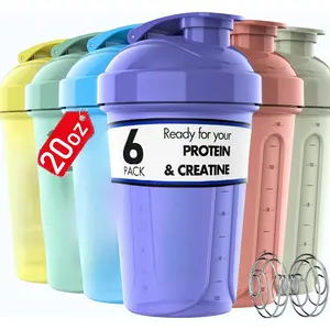 Unisex Leakproof Water Bottle 6-Pack, 20oz (590ml) Premium Protein Shaker with Varied Colors for Protein Mixing, Creatine Prep, Gym Use, Quick Cleanup