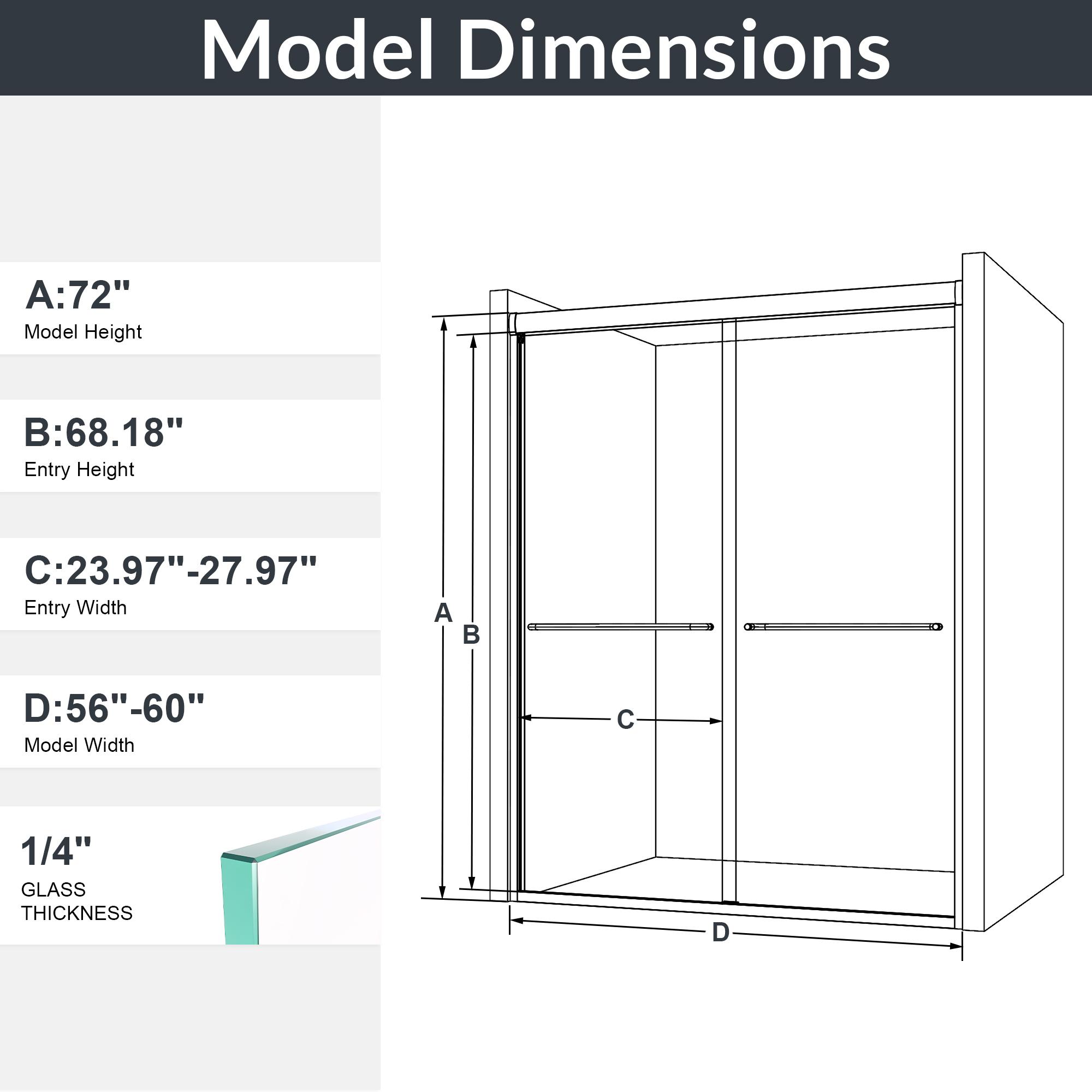 56"-60"W x 72"H Semi-Frameless Double Sliding Shower Door with 1/4" (6mm) Thick SGCC Tempered Glass | Adjustable Width Bypass Shower Door | Heavy Duty Sliding Bathroom Enclosure | Chrome Finish, Easy Glide Track