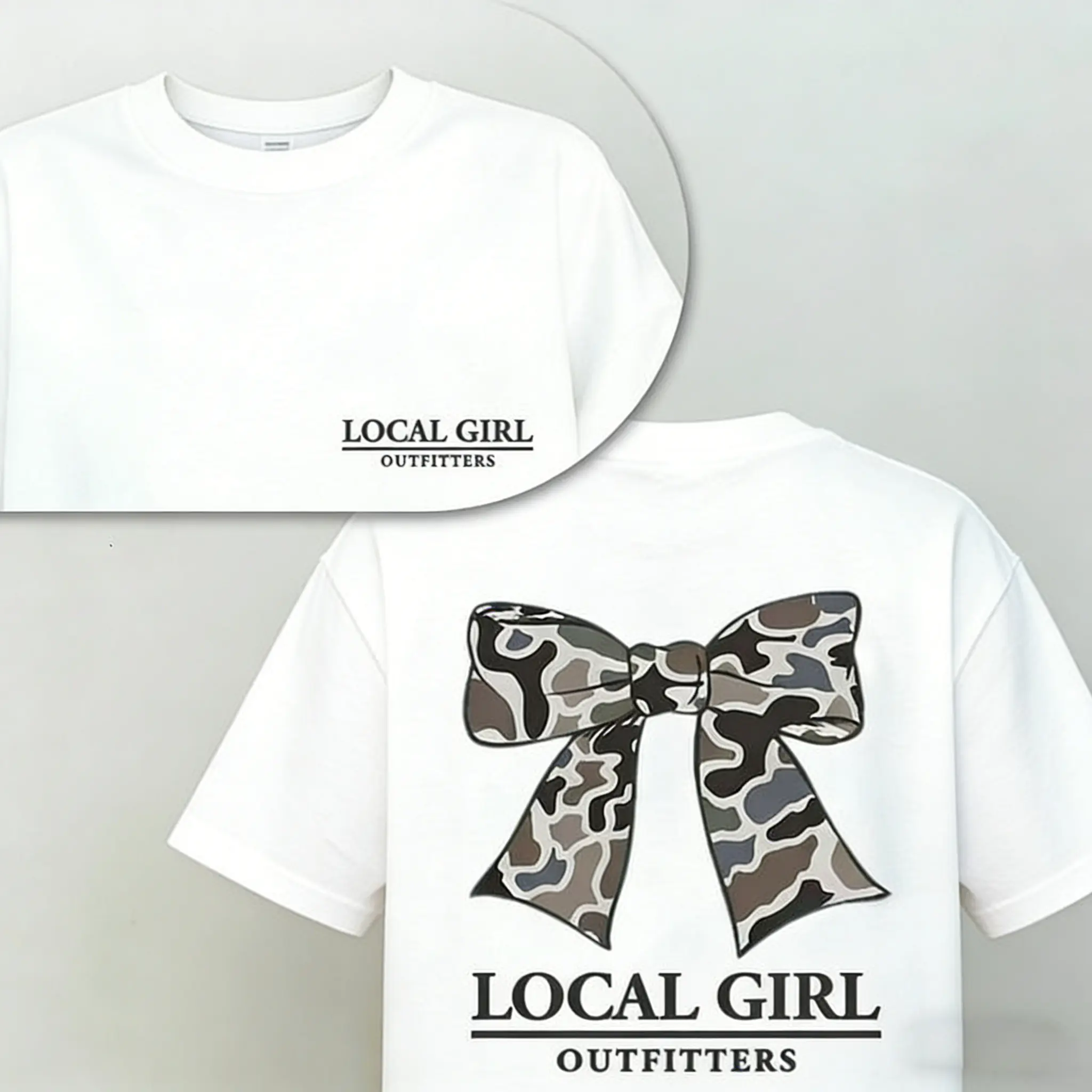 Women's Coquette Graphic Cotton T-Shirt - Oversized Loose-Fitting Short Sleeve Camo Print Top with Feminine Bow, Round Neck Streetwear Statement Piece for Casual Wear
