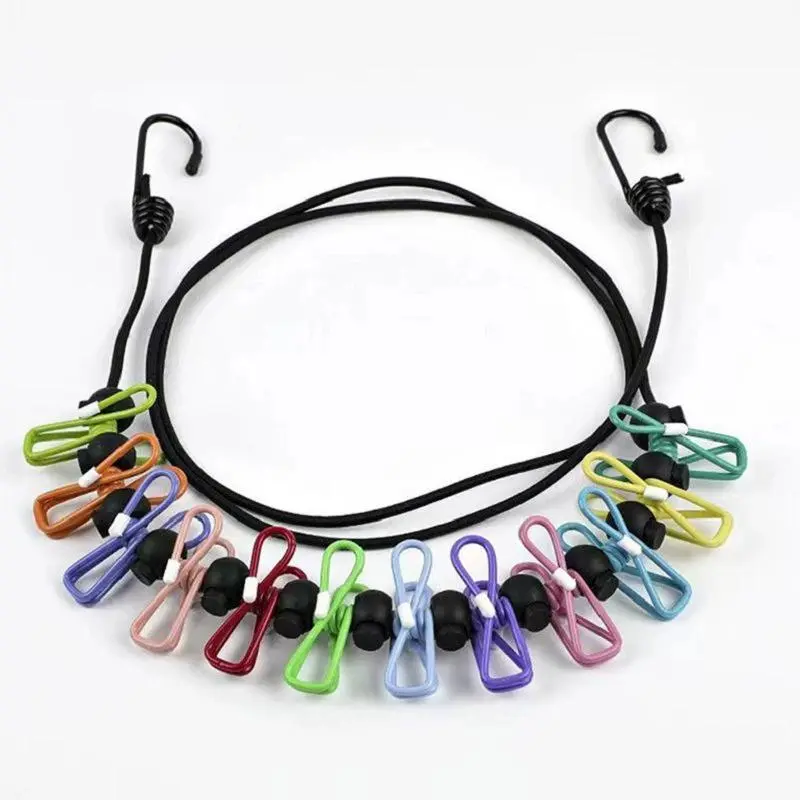 Colorful Outdoor Latex Elastic Rope, 1 Set Travel Portable Windproof Clothes Drying Rope with 12 Clips, Home Organizer for Outdoor Camping, Laundry, Laundry Room, Laundry Products