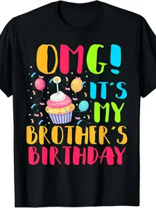 OMG!It'S My Brother'S Birthday Party Family T-Shirt|  Summer Short-Sleeved Printed T-Shirt, Pure 220G, Crew Neck, Regular Fit, All-Season, Vintage Style