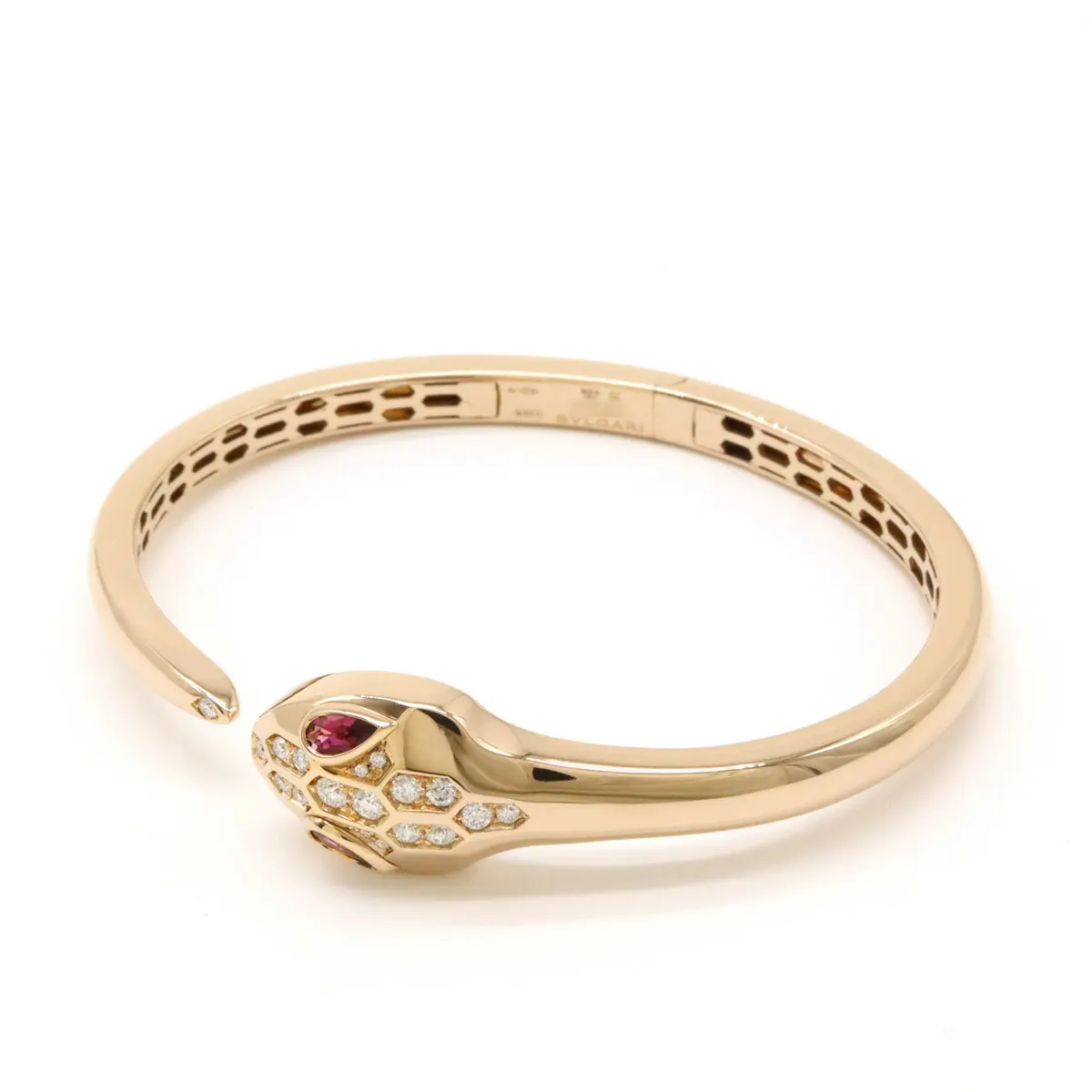 Pre-owned Bvlgari 18K Rose Gold (Au750) Small Leather Goods Serpenti Seduttori Au750 Diamond Rubellite Bracelet Size 15.5