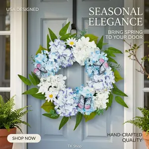 Garvee Artificial Blue Hydrangea Wreath For Front Door With Butterflies And Daisies Spring Summer Floral Decor For Farmhouse Porch Wall 18-24in