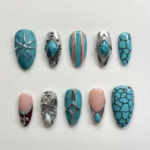 Handmade Turquoise Stone Press On Nails | 3D Gem Western Boho Design | Cowgirl Summer Festival