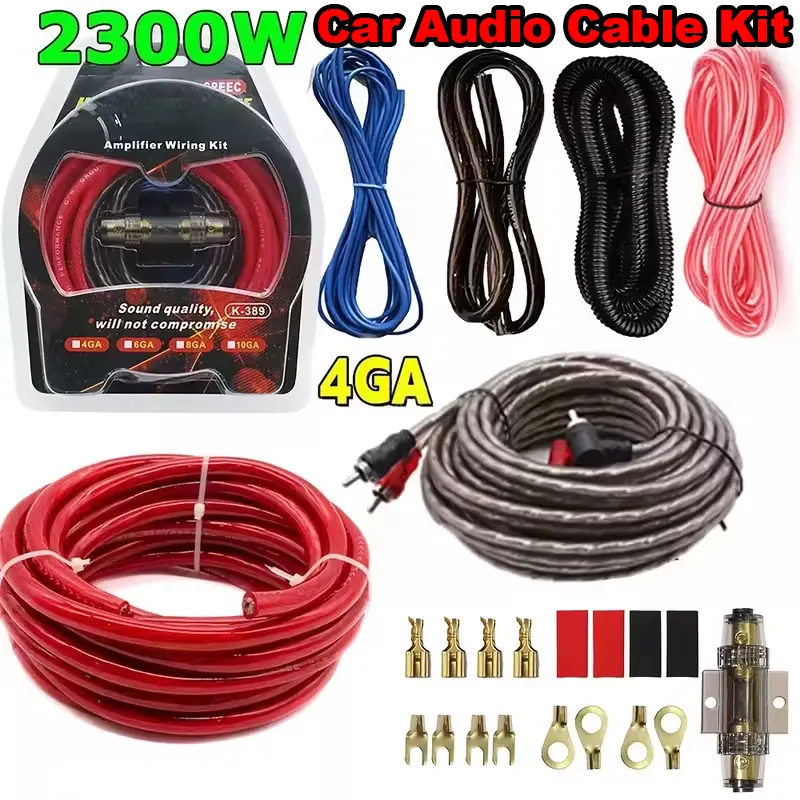 4 Gauge Car Audio Amplifier Wiring Kit - 2000W Complete Bundle with 17FT CCA Power Wire, RCA Interconnect Cable, Speaker Wire, Overload Protection, Rubber Couplings, Rubberized Sleeves for Stereo Installation