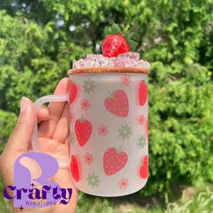 Strawberry, Fruit, Frosted Glass Mug, 17oz, Mug with Lid and straw, Coffee Mug, Teacup