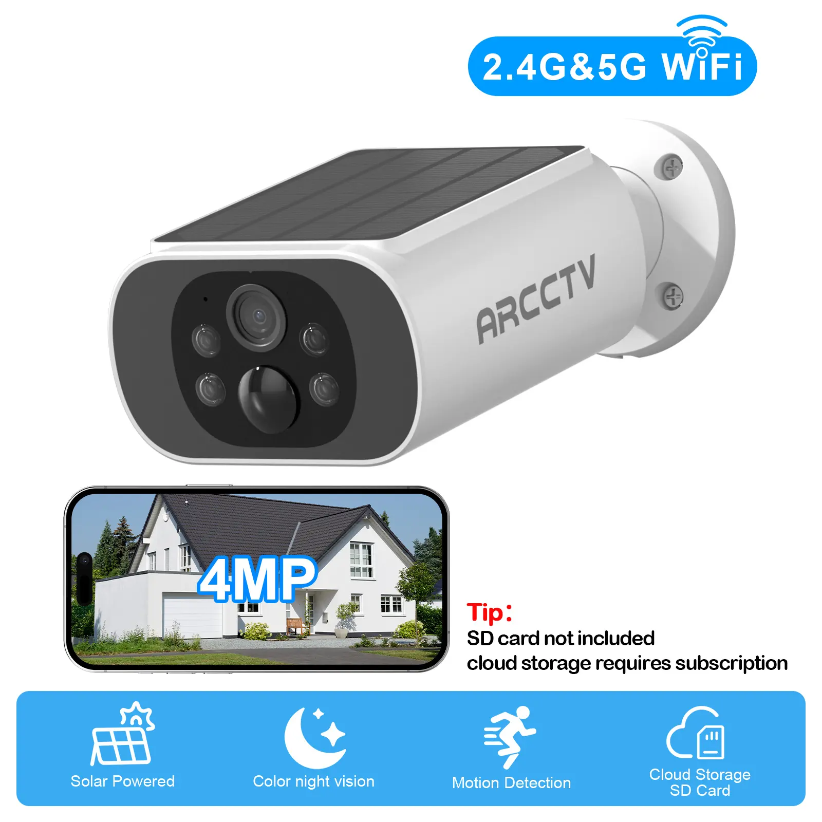 ARCCTV APP Solar Security Camera Outdoor Wireless,2.4G/5G Dual Band WiFi,4MP Battery Home Surveillance Camera,2 Way Audio,PIR Motion Detection,IP65 Waterproof