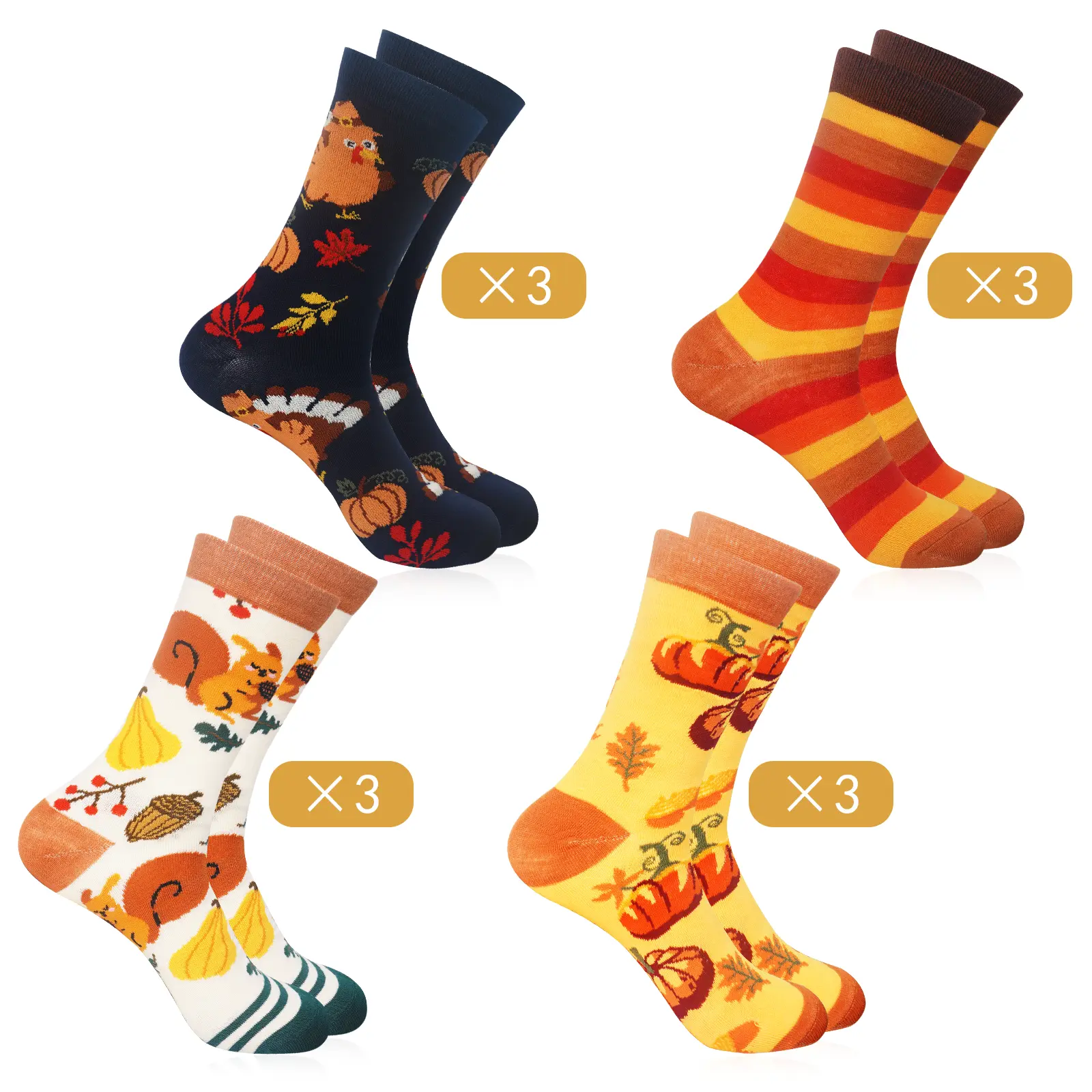 12 Pairs Autumn Fall Socks, Turkey Maple Leaf Socks, Novelty Crew Pumpkin Mushroom Socks, Christmas Gift For Women Womenswear Costumes Matching Comfort for Teacher Classmates