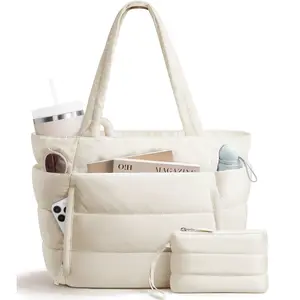 (Live only)Puffer Tote Bag for Women with Makeup Bag, Large Work Tote Laptop Bag, Lightweight Travel Tote Bag with Zipper Gifts for Women Teacher Nurse Quilted Shoulder Bag for School Gym