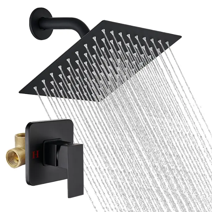 Matte Black 8-in Square High-Pressure Rain Shower Head Set, Wall-Mount Bathroom System with Single Handle Trim Kit, 1/2" NPT Plumbing, Adjustable for Home Bathroom Upgrade, Shower Heads for Apartment Remodel