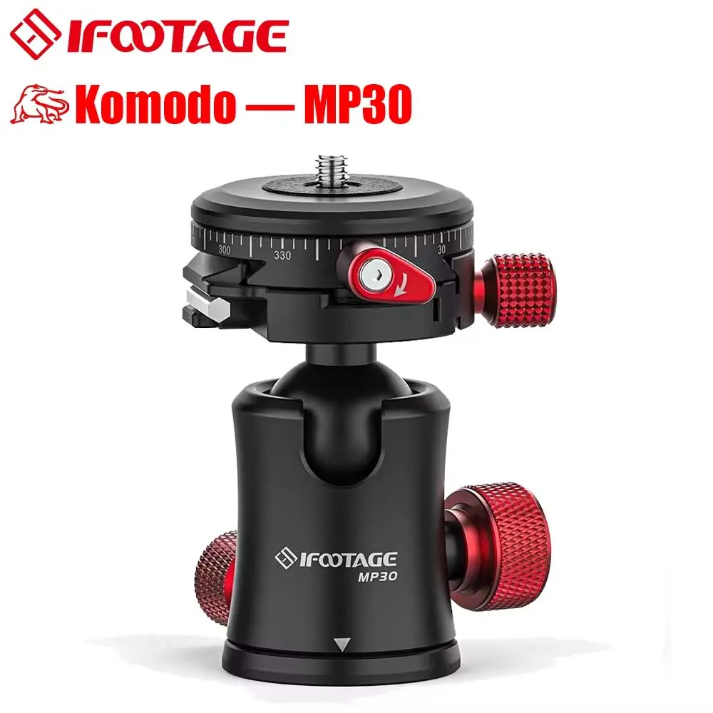 IFOOTAGE Ball Head Komodo MP30, Tripod Ball Head Mount 2 Asixs 360° Panoramic, Max Load 22lbs /10kg Camera Head