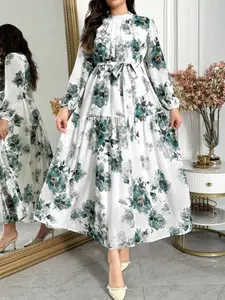 【Plus Size】 Floral Print Belted Dress, Elegant Long Sleeve Dress for Summer, Women's Plus Clothing for Daily Wear