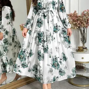 【Plus Size】 Floral Print Belted Dress, Elegant Long Sleeve Dress for Summer, Women's Plus Clothing for Daily Wear