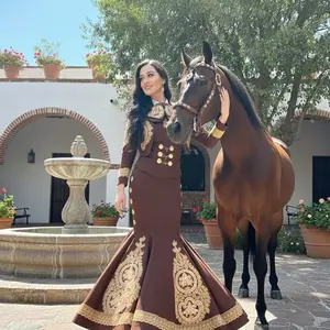 Cafe Charro Dress - Brown with Gold Embroidery and Button Detail for Equestrian Events