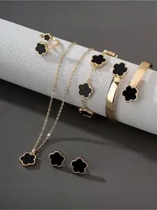 Women Jewelry Set Zinc Alloy Material Matching Jewelry Set Including Bracelet Necklace Earrings Bangle Ring Elegant Gift for Women Five-leaf Clover Design Jewelry Set Complete Set Mother's Day Gift All Season Wear Seasonless Appeal