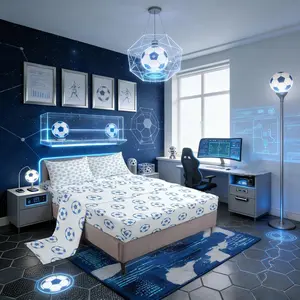 Soccer Bed Sheets,Ball Sport Rugby Activity Easy Wash Bedding Set,Game Geometric Honeycomb Modern Kids Room Decor,White and Baby Blue Sheet(Fitted+ Flat Sheet)