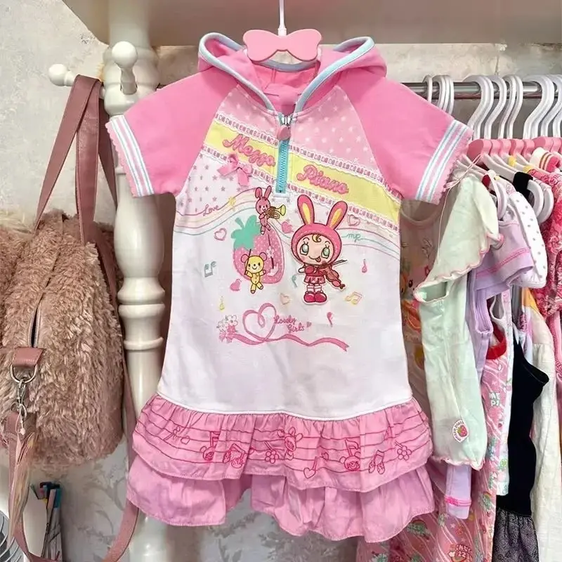 2026 Summer Japanese Kawaii Hooded T Shirts Women Y2k Hooded Short Sleeve Cartoon Print T-shirt Tops Casual Fashion Sweet Tees