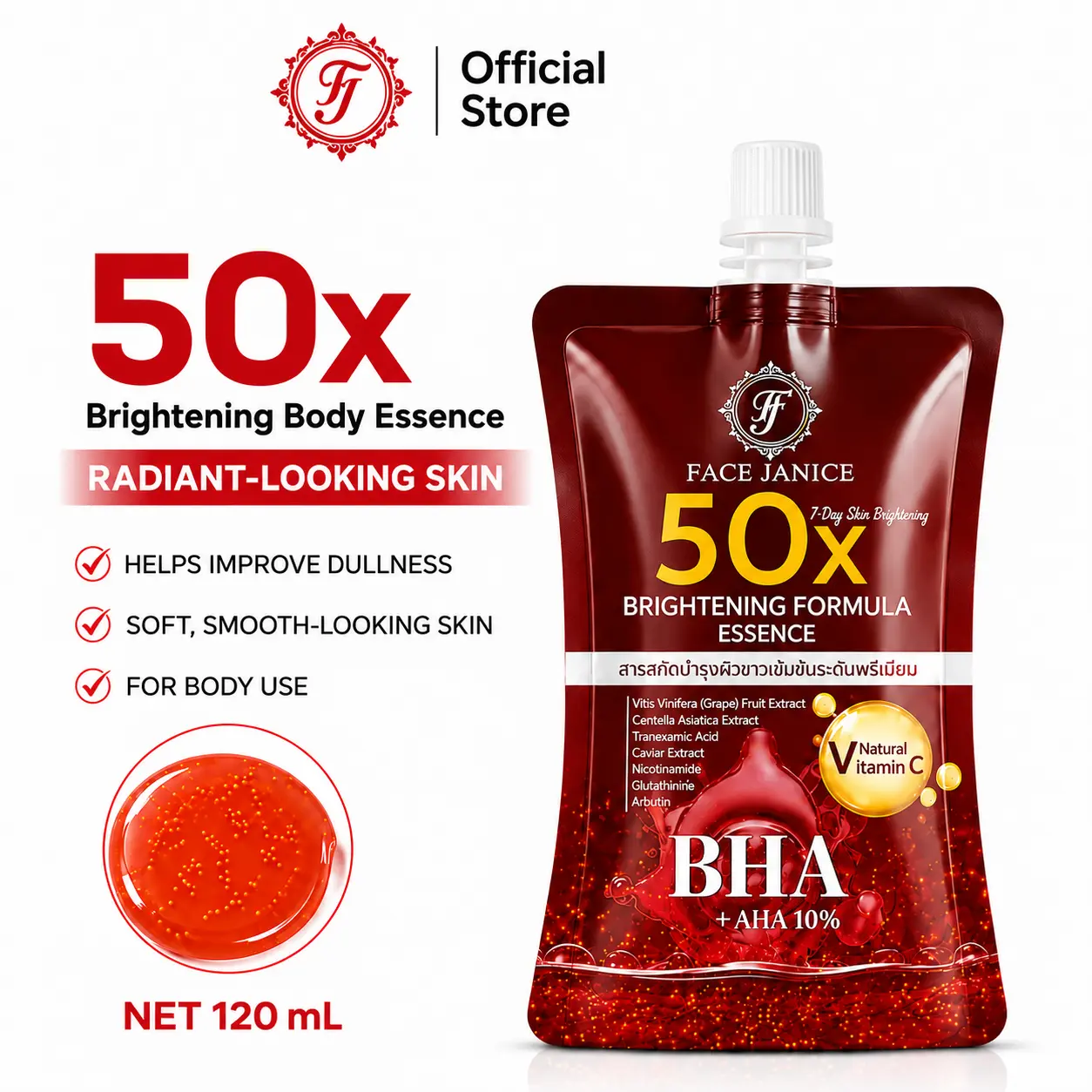 Face Janice 50X Body Essence Brightening Formula with BHA & AHA 10% for Radiant Even-looking Skin Tone and Smoother Texture
