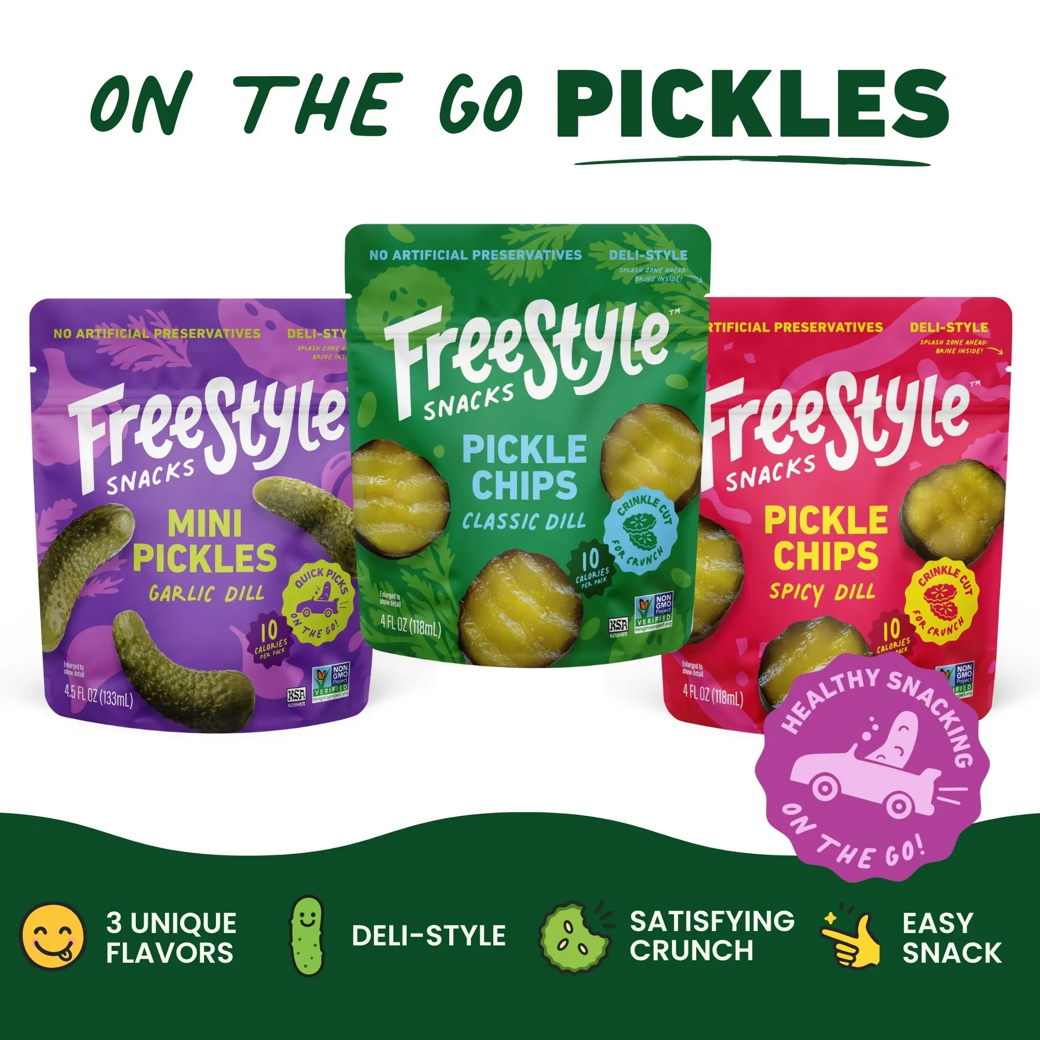 Freestyle Snacks Pickle Chip Variety 3-Pack – All Natural, Low-Calorie Ambient Food Snacks, 1 Bag Each Flavor: Classic Dill, Spicy Dill, and Garlic Dill