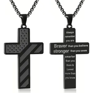 Stainless Steel Cross Black Pendant Fashion Necklace, Bible Verse American Flag Pendant Chain, for Men, Baptism First Communion Pendant Chain Gifts