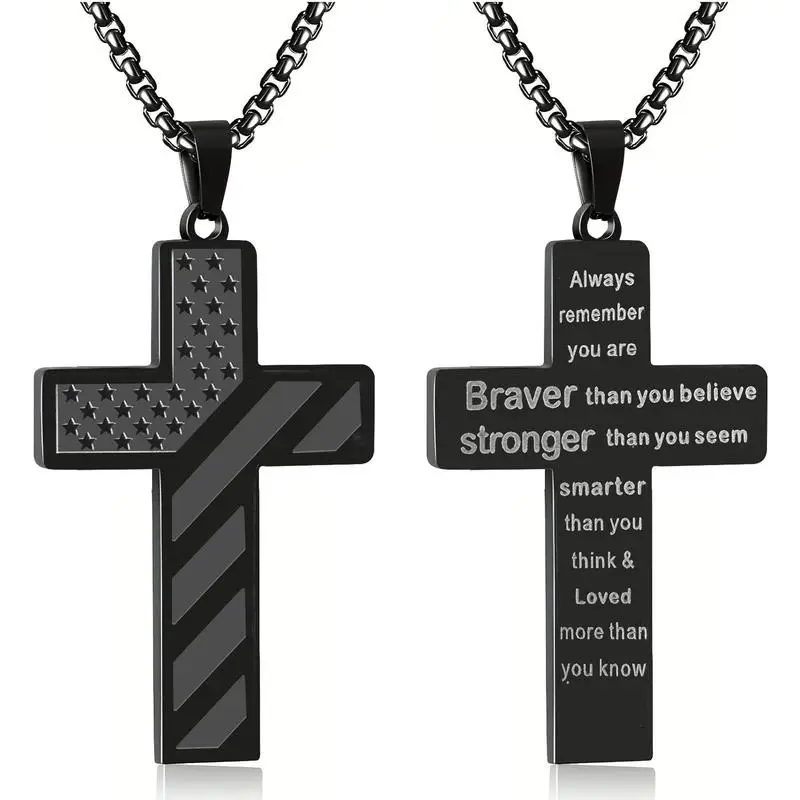 Stainless Steel Cross Black Pendant Fashion Necklace, Bible Verse American Flag Pendant Chain, for Men, Husband, Father, Mother's Day Gifts