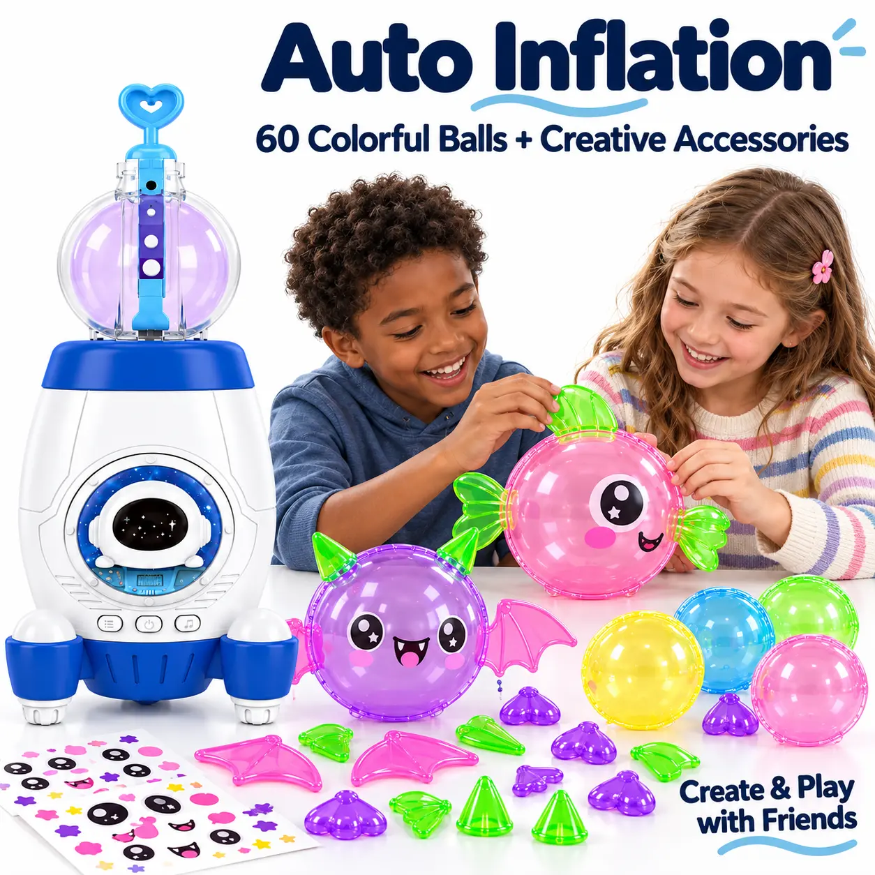 Magic Auto-Inflating Sticky Balloon Sticker Maker Kit, 70+ Pieces with Electric Air Pump, No Glue No Mess, Mix-and-Match Craft Accessories, Party Favor Holiday Gift (Toys & Hobbies Classic Novelty Slime Squishy Toy Sets)