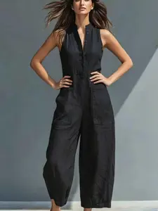 2026 Casual Women's Simple Fashion Chic Belted Solid Color Stand Collar Button Sleeveless Loose Overalls Bodysuit, Comfortable and Stylish Everyday Wear