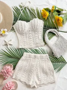 2-Piece Women's Solid Color Backless Knit Top and Short Set, Casual Fashion for Beach, Date, Party, Home, Holiday, Pearl Elegant Design