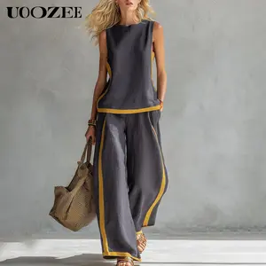 UOOZEE Women's New Spring Summer Linen Cotton Blend 2-Piece Contrast Trim Set, Loose Elastic Waistband with Pockets Wide Leg Pants & Sleeveless Tank Top Summer Outfit, Spring Summer Casual/Work/Weekend Co-Ord for Women
