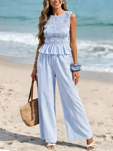 Spicy Coquette Blue & White Striped Smocked Peplum Tank Top Sleeveless & Wide Leg Pants Vacation Two-Piece Set Bohemian Vintage French Cottagecore Blue & White Striped Smocked Peplum Tank Top & Wide Leg Pants Beach Two-Piece Set Women Boho