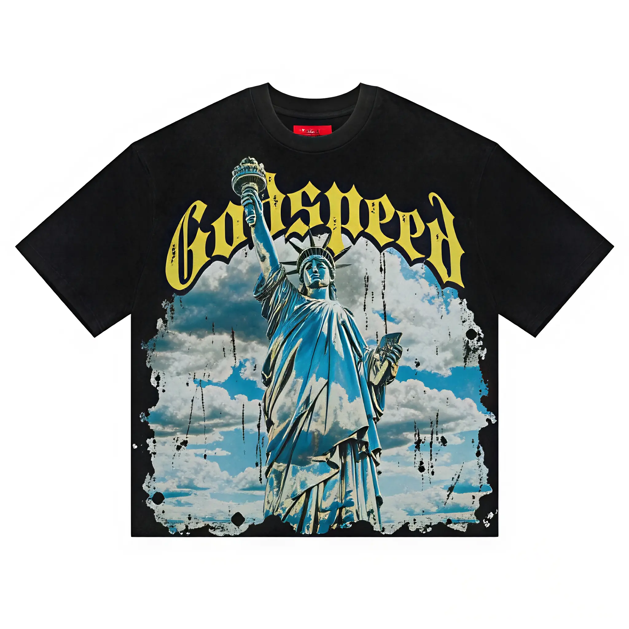 Godspeed Statue of Liberty Graphic Tee Oversized Heavyweight Cotton Streetwear T-Shirt Y2K Grunge Gothic Letter Print Top Casual Drop Shoulder Vintage Black Tee Men Women Unisex Retro Hip Hop Skater Tshirt Aesthetic Summer Outfit Trendy Band Merchandise