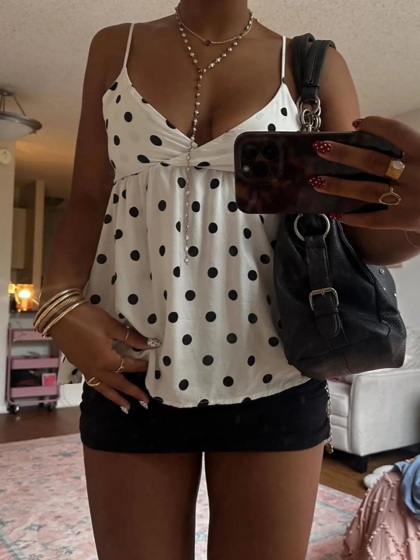 Y2K Polka Dot Babydoll Casual Elegant Sleeveless Tank Top, Sweet Girl Style V-Neck Elastic Back Thin Strap Top, Retro Flowy Loose Tank, Women's Fashion Casual Streetwear with Spaghetti Strap, Casual Sleeveless Tops
