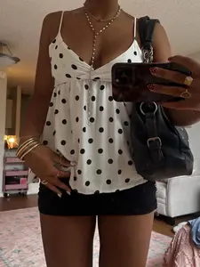 Y2K Polka Dot Babydoll Tank Top Sleeveless, Sweet Girl Style V-Neck Elastic Back Thin Strap Top, Retro Flowy Loose Tank, Women's Fashion Casual Streetwear Spaghetti Strap