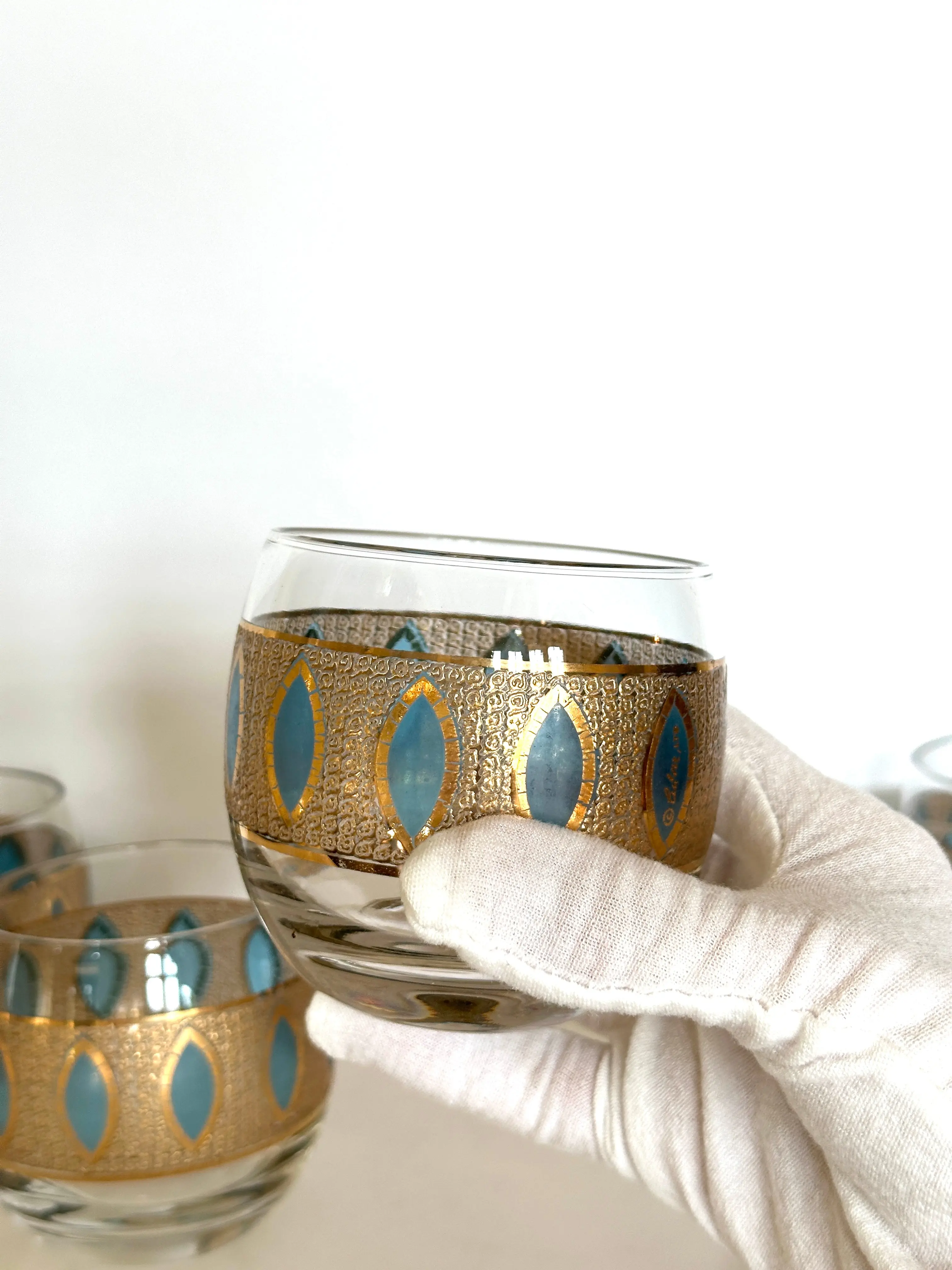 Culver Aqua Tiffany Roly Poly Glasses, Mid Century Glassware