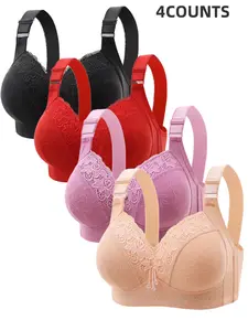 4-Piece Thin Women's Bra Set, Adjustable Straps, Floral Contrast Lace, Elegant Comfortable Breathable Everyday Wireless Bras, Full Coverage, Medium Support