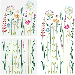 2 count Wildflower Stencils, 12x12inch Tall Flower Weeds Tree  PET Painting Templates Drawing Stencils for Scrapbooking, Floor Furniture, Wall Art